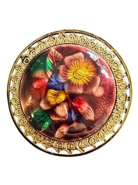 Vintage Reverse Carved Lucite‎ Brooch Gold Tone Floral Pin 1950s New Old Stock